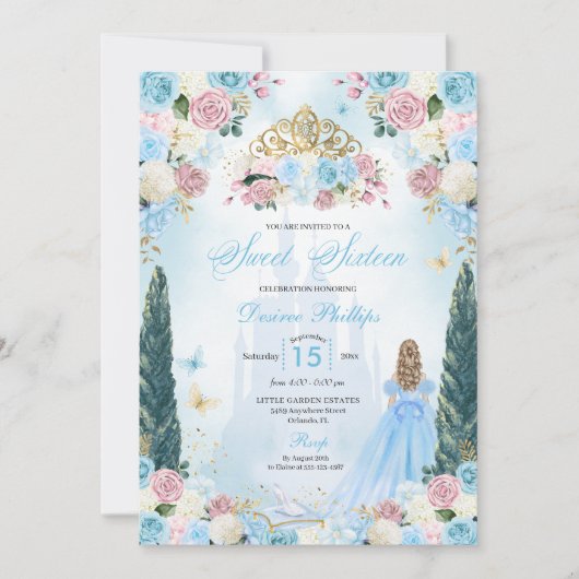 Blauw & Roze Assepoester Sprookje Prinses Zoet 16 Kaart (Voorkant)