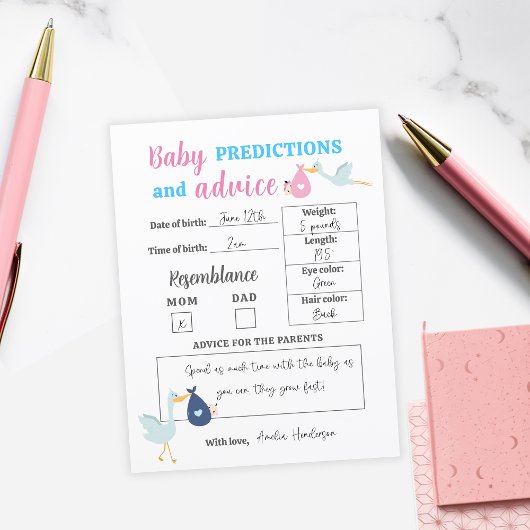 Blauw Roze Baby Voorspellingen & Advies Quiz Game  Briefkaart
