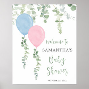 Blauw roze ballonnen baby shower welkomstbord poster
