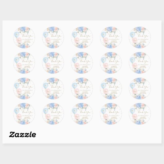 Blauw Roze Ballonnen Bloemen Tweeling Baby shower Ronde Sticker (Vel)
