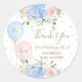 Blauw Roze Ballonnen Bloemen Tweeling Baby shower Ronde Sticker (Voorkant)