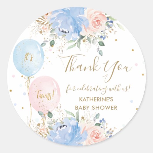 Blauw Roze Ballonnen Bloemen Tweeling Baby shower Ronde Sticker (Voorkant)