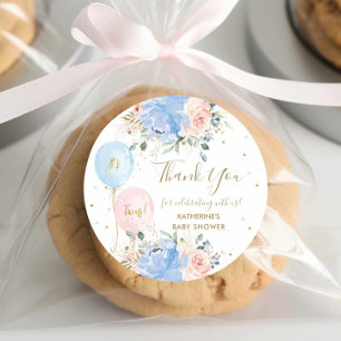 Blauw Roze Ballonnen Bloemen Tweeling Baby shower Ronde Sticker