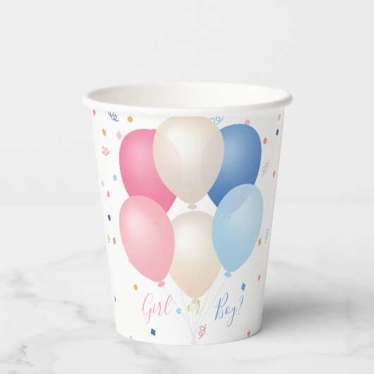 Blauw Roze Ballonnen & Confetti Genderneutraal Papieren Bekers (Achterkant)