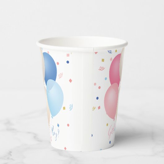 Blauw Roze Ballonnen & Confetti Genderneutraal Papieren Bekers (Rechts)