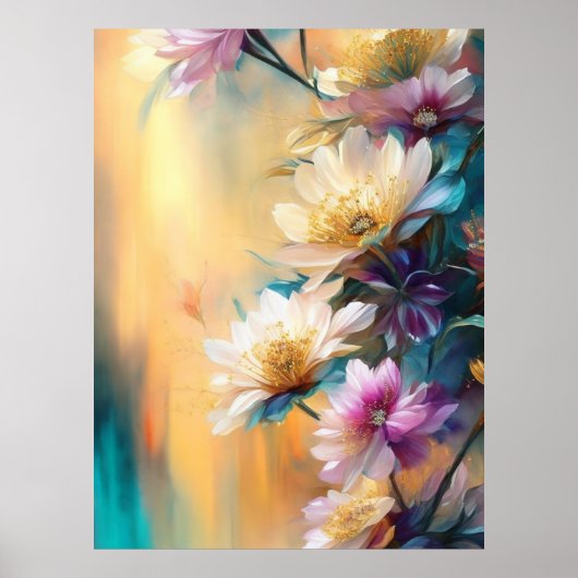 Blauw Roze Blauwgroen Cream Flowers Mooie Bloemen Poster (Voorkant)