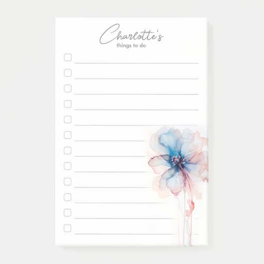 Blauw roze bloem gepersonaliseerde to-do lijst post-it® notes (Voorkant)