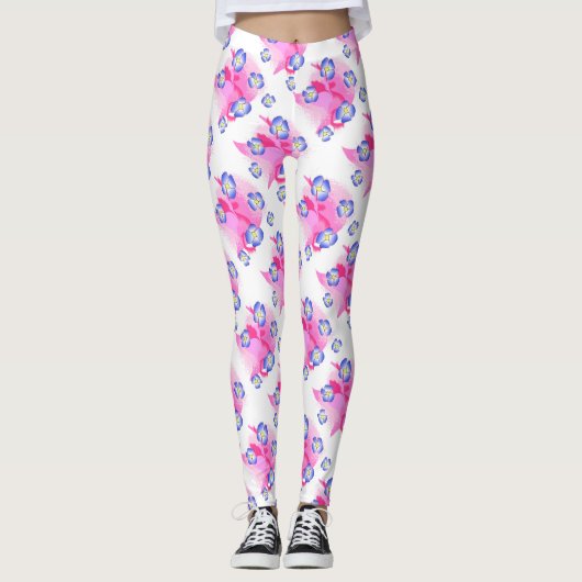 Blauw Roze Bloem Leggings (Voorkant)
