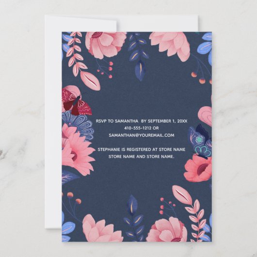 Blauw Roze Bloem Wit Letters Bruidsmeisje Uitnodig Kaart (Achterkant)