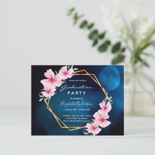 Blauw roze bloemen afstudeerfeest uitnodiging (Staand voorkant)