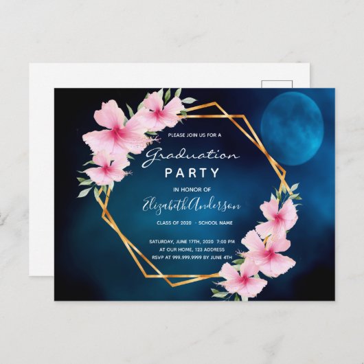 Blauw roze bloemen afstudeerfeest uitnodiging (Voorkant / Achterkant)