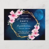 Blauw roze bloemen afstudeerfeest uitnodiging (Voorkant)