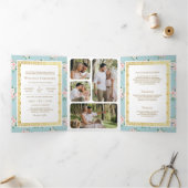 Blauw Roze Bloemen Alles in één Gouden Indische br Drieluik Uitnodiging (Binnen)