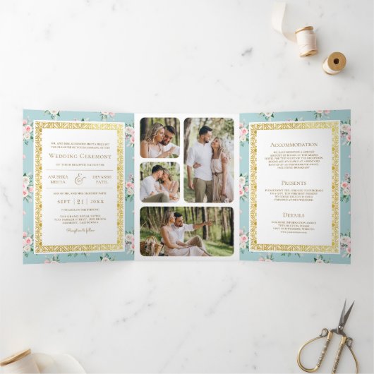 Blauw Roze Bloemen Alles in één Gouden Indische br Drieluik Uitnodiging (Binnen)