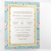 Blauw Roze Bloemen Alles in één Gouden Indische br Drieluik Uitnodiging (Binnenzijde eerst)