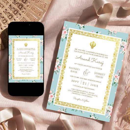 Blauw Roze Bloemen Anand Karaj Punjabi Sikh Bruilo Kaart