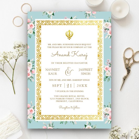 Blauw Roze Bloemen Anand Karaj Punjabi Sikh Bruilo Kaart