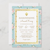 Blauw Roze Bloemen Anand Karaj Punjabi Sikh Bruilo Kaart (Voorkant)