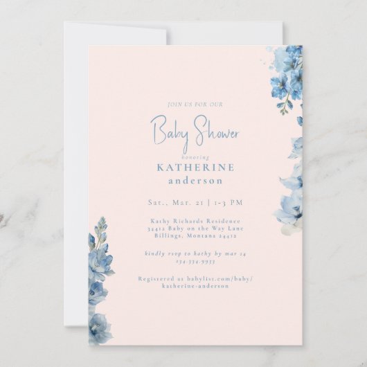 Blauw & Roze Bloemen Baby shower Kaart (Voorkant)
