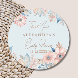 Blauw Roze Bloemen Boho Chic Baby shower Dank u Ronde Sticker
