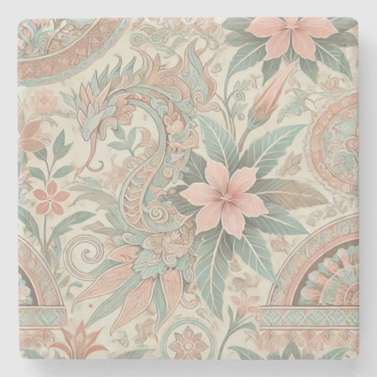 Blauw Roze Bloemen Boho Indonesische Batik Waterve Stenen Onderzetter (Voorkant)