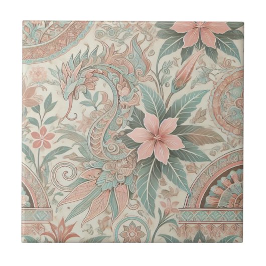 Blauw Roze Bloemen Boho Indonesische Batik Waterve Tegeltje (Voorkant)