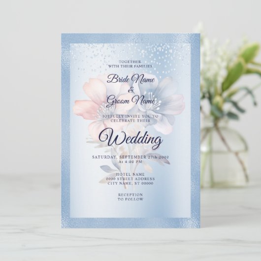 Blauw Roze Bloemen Bruiloft Uitnodiging (Staand voorkant)