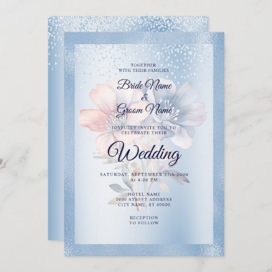 Blauw Roze Bloemen Bruiloft Uitnodiging (Voorkant / Achterkant)