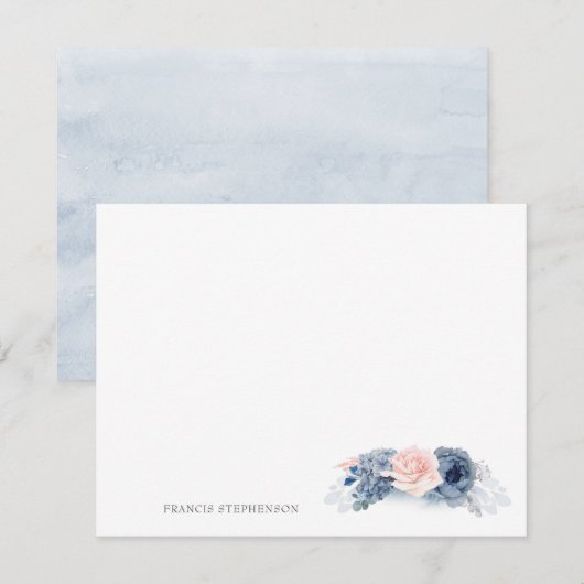 Blauw Roze Bloemen Elegante Volledige Naam of Paar Notitiekaartje (Voorkant / Achterkant)