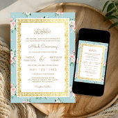Blauw Roze Bloemen Goud Lijst Moslim Bruiloft Kaart
