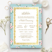 Blauw Roze Bloemen Goud Lijst Moslim Bruiloft Kaart