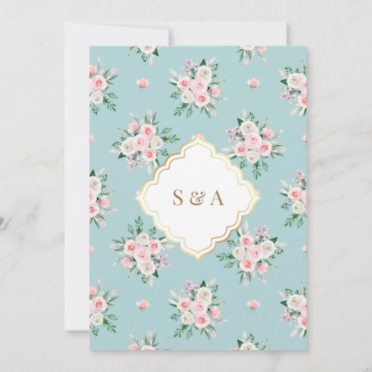 Blauw Roze Bloemen Goud Lijst Moslim Bruiloft Kaart (Achterkant)