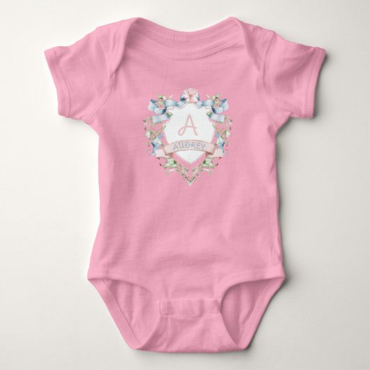 Blauw & Roze Bloemen Grandmillennial Monogram Cres Romper (Voorkant)