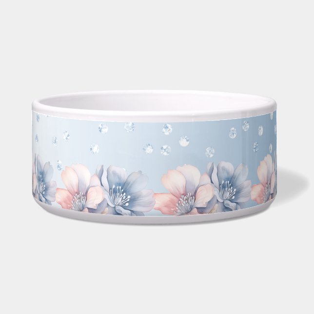 Blauw Roze Bloemen Keramische Pet Bowl Voerbakje (Voorkant)