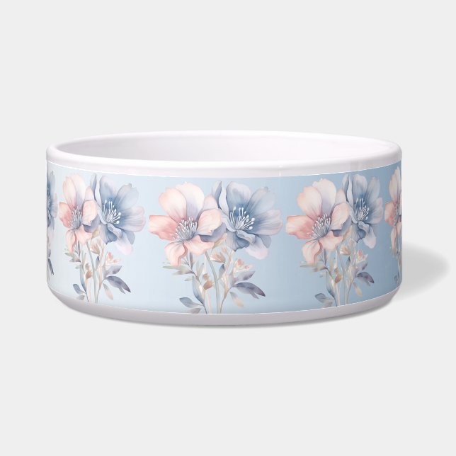 Blauw Roze Bloemen Keramische Pet Bowl Voerbakje (Voorkant)