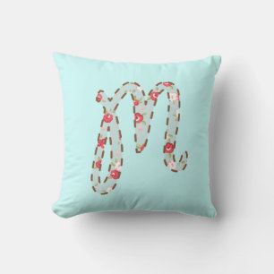 Blauw roze bloemen letter M Kussen