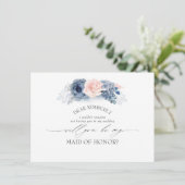 Blauw Roze Bloemen Maid of Honor/Bruidsmeisje Voor Kaart (Staand voorkant)