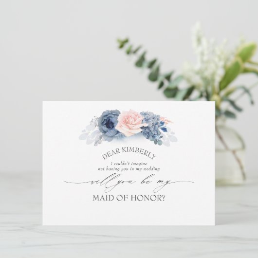 Blauw Roze Bloemen Maid of Honor/Bruidsmeisje Voor Kaart (Staand voorkant)