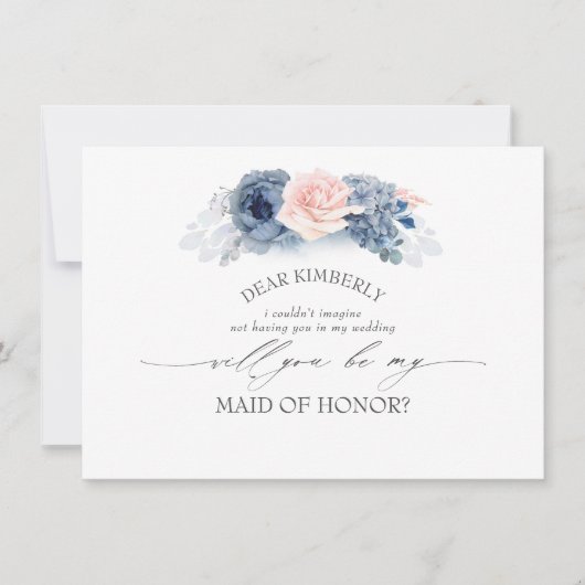 Blauw Roze Bloemen Maid of Honor/Bruidsmeisje Voor Kaart (Voorkant)