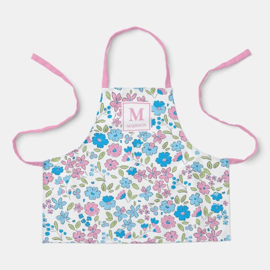 Blauw Roze Bloemen Monogram Schort (Voorkant)