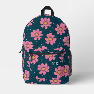 Blauw Roze Bloemen Patroon Monogram Initialen Bedrukte Rugzak