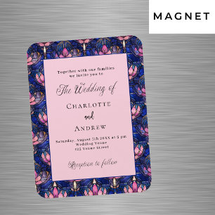 Blauw roze bloemen retro trouwkaart magneet