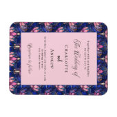 Blauw roze bloemen retro trouwkaart magneet (Horizontaal)