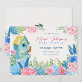 Blauw roze bloemen vogel baby shower kaart (Voorkant / Achterkant)