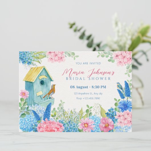 Blauw roze bloemen vogel kaart (Staand voorkant)