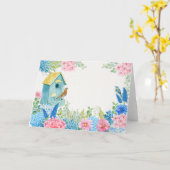 Blauw roze bloemen vogel kaart (Gele Bloem)