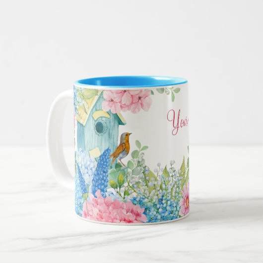 Blauw roze bloemen vogel tweekleurige koffiemok (Voorkant links)