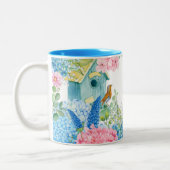 Blauw roze bloemen vogel tweekleurige koffiemok (Links)