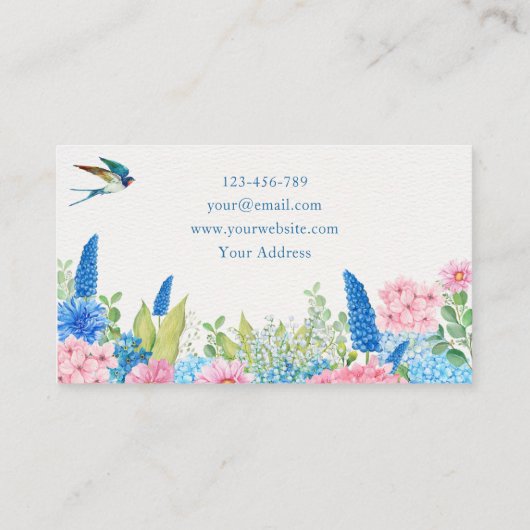 Blauw roze bloemen vogel visitekaartje (Achterkant)