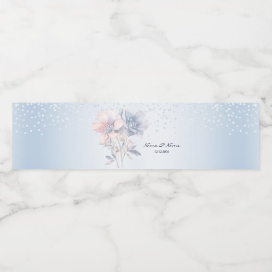 Blauw Roze Bloemen Waterfles Etiket (Enkel label)